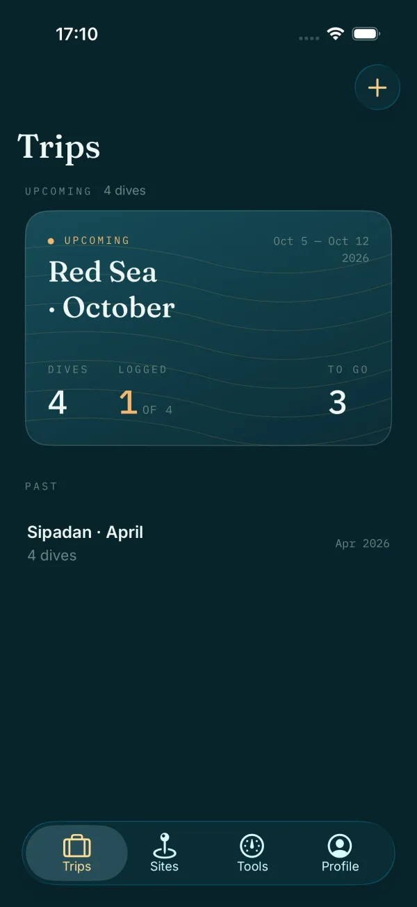 Trips list with upcoming and past dive trips.
